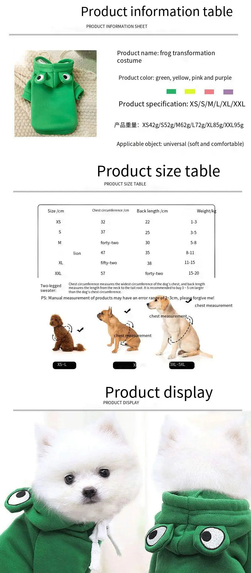 Warm Frog Design Cat Hoodie Sweatshirts with Hat - Basic Kitten Hoodie for Small, Medium and Large Kitten S M l XL XXL