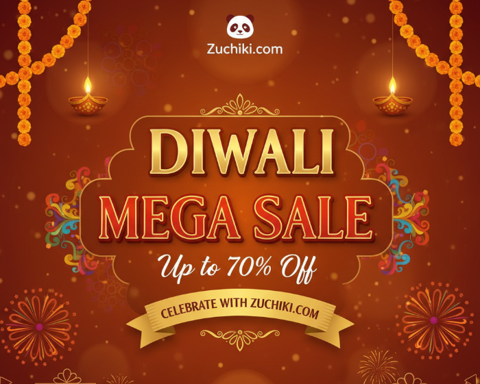 Promotional banner for Zuchiki.com Diwali Mega Sale with decorative elements on a brown background.